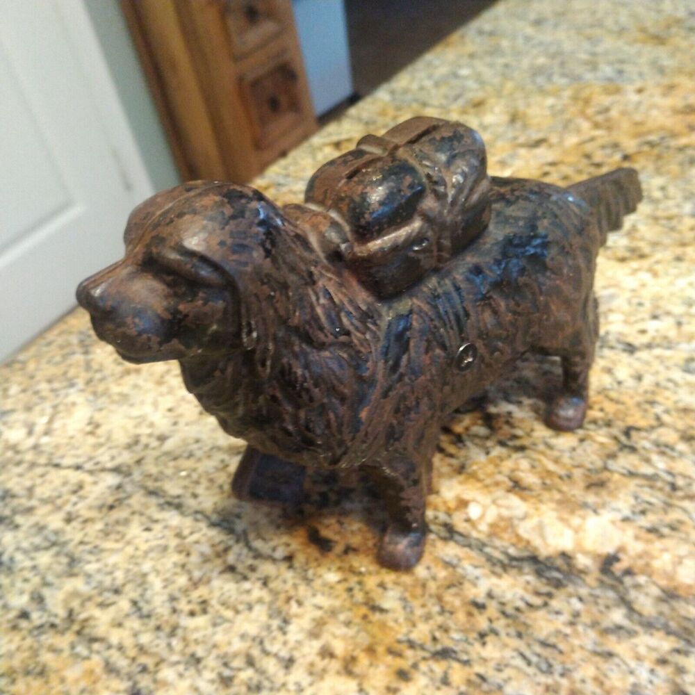 ANTIQUE CAST IRON COIN BANK ST. BERNARD DOG FIGURINE